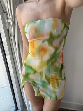 Tiger Mist Green Yellow Orange Mini Dress Corset Back